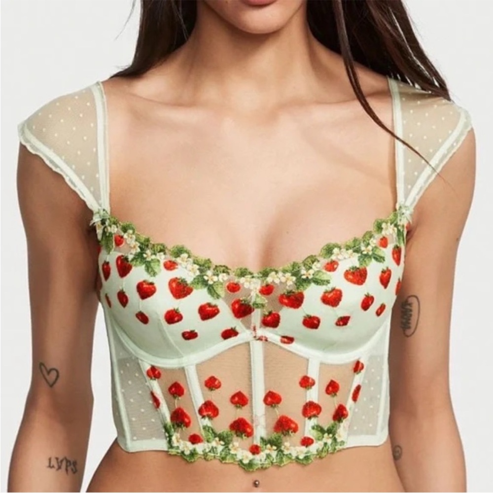 NWT Victoria's Secret Strawberry Cap-Sleeve Pale Green Embroidery Corset…